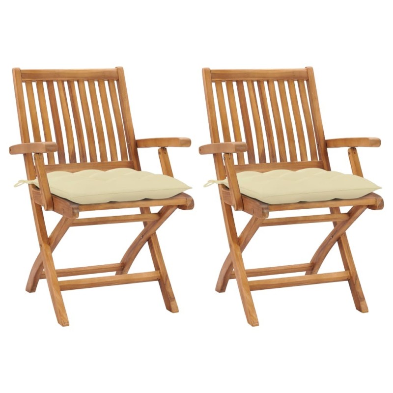 Chaises de jardin lot de 2 et coussins blanc crème Teck massif 