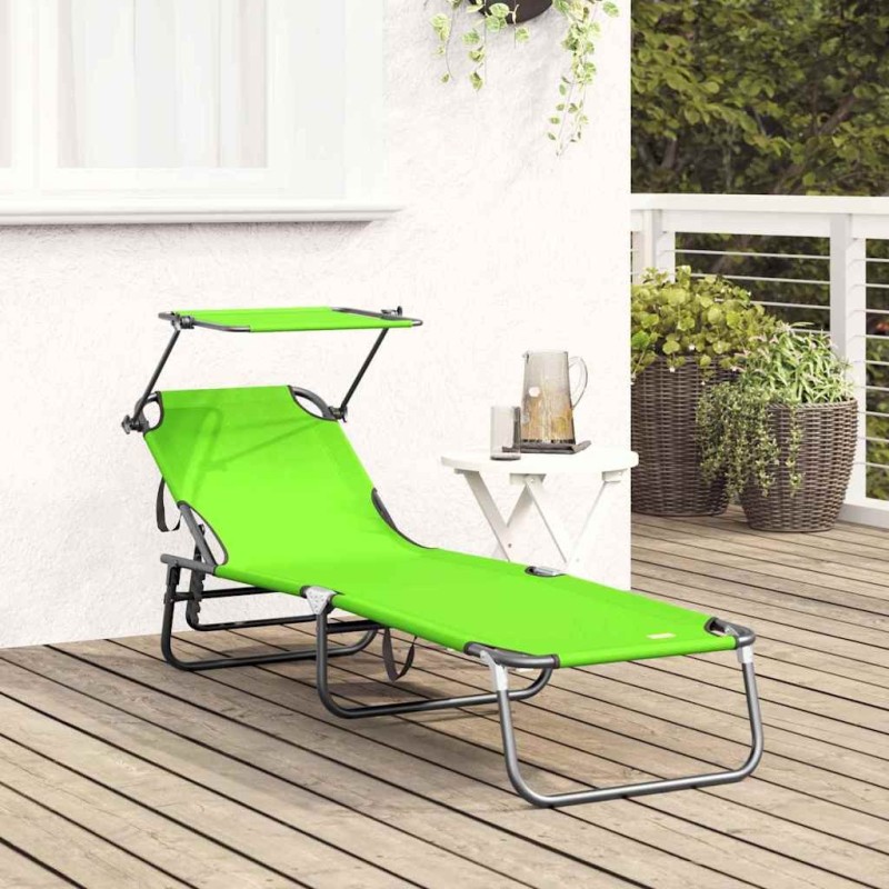 Chaise Longue Pliante avec Auvent en Tissu Oxford Vert 600D 