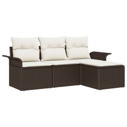Ensemble de canapé de jardin 4 pièces avec coussins marron en poly rotin 
