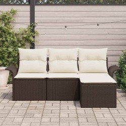 Ensemble de canapé de jardin 4 pièces avec coussins marron en poly rotin 