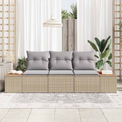 Ensemble de Canapé de Jardin 3 Pièces avec Coussins Beige Poly Rattan Acacia 