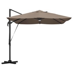 Parasol déporté Roma avec LEDs taupe, 352x251x265 cm, en aluminium 