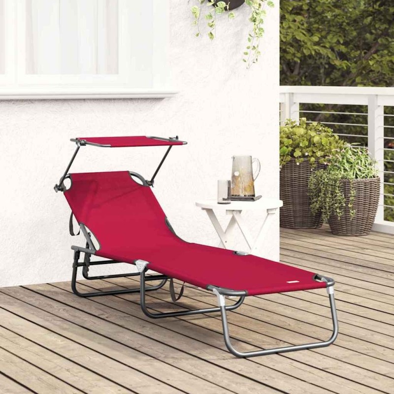 Chaise longue pliante avec auvent rouge en tissu Oxford 600D 