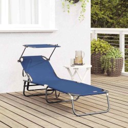 Chaise longue pliante avec auvent bleu en tissu Oxford 600D 