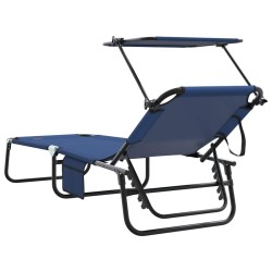 Chaise longue pliante avec auvent bleu en tissu Oxford 600D 