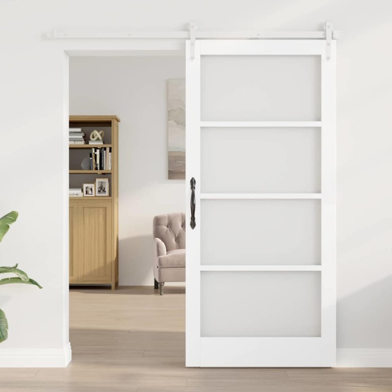 Porte Coulissante avec Ensemble de Quincaillerie Blanche 93x202 cm Bois Massif Pin 