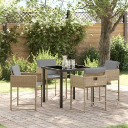 Ensemble de salle à manger de jardin 5 pièces avec coussins beiges en poly rattan. 
