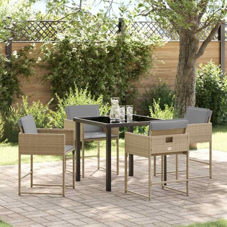 Ensemble de salle à manger de jardin 5 pièces avec coussins beiges en poly rattan. 