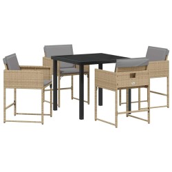 Ensemble de salle à manger de jardin 5 pièces avec coussins beiges en poly rattan. 
