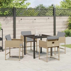 Ensemble de salle à manger de jardin 5 pièces avec coussins beiges en poly rattan. 