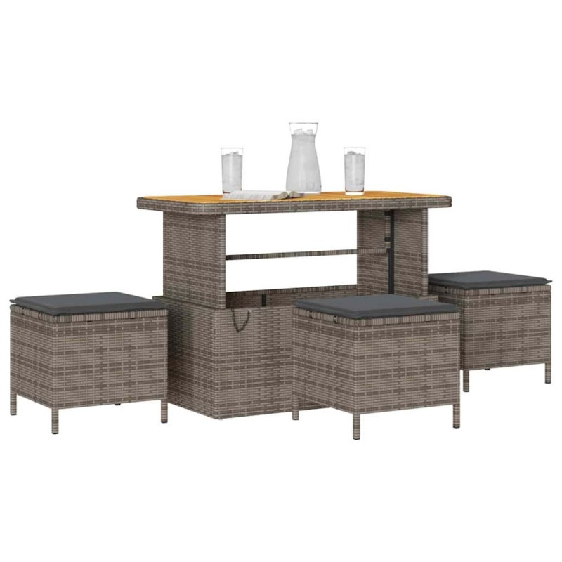 Ensemble de salle à manger de jardin 4 pièces avec coussins gris en poly rotin et acacia 