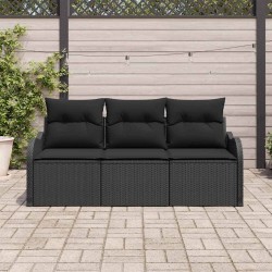 Ensemble de Canapé de Jardin 3 Pièces avec Coussins Noir Poly Rattan 