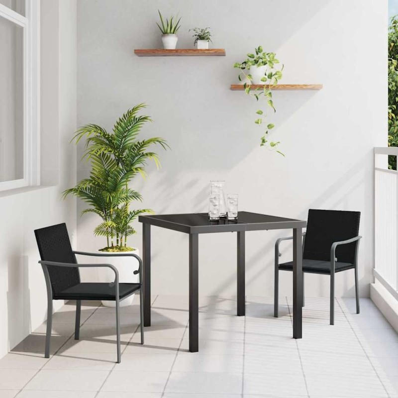 Ensemble de repas de jardin , 3 pièces avec coussins en rotin synthétique noir. 