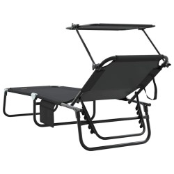 Transat pliant avec auvent en tissu Oxford 600D noir 