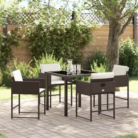 Ensemble de salle à manger de jardin 5 pièces avec coussins en poly rotin marron. 