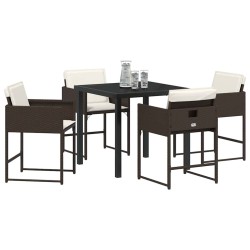 Ensemble de salle à manger de jardin 5 pièces avec coussins en poly rotin marron. 