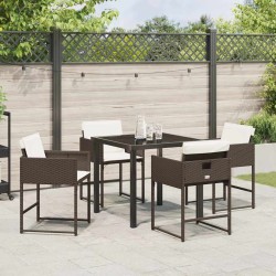 Ensemble de salle à manger de jardin 5 pièces avec coussins en poly rotin marron. 