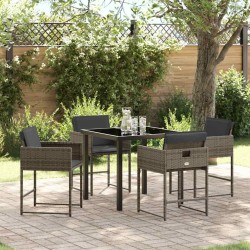 Ensemble repas de jardin 5 pièces avec coussins en poly rotin gris 