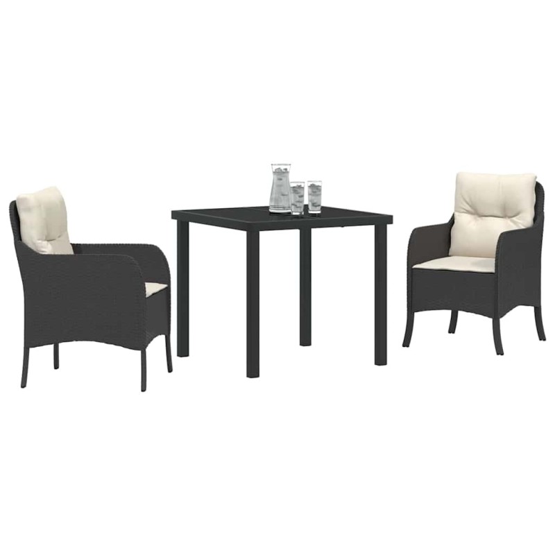 Set de salle à manger de jardin 3 pièces avec coussins en rattan poly noir 