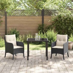Set de salle à manger de jardin 3 pièces avec coussins en rattan poly noir 