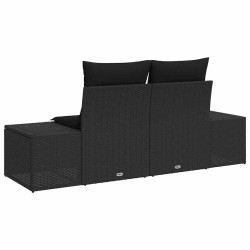 Canapé de jardin 2 places avec rangement et coussins noir en rotin synthétique 