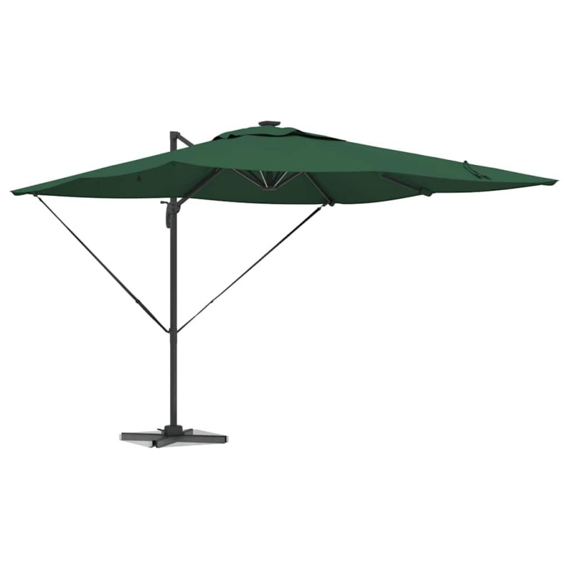 Parasol déporté Roma avec LEDs - Vert, 286 x 285 x 270 cm en aluminium 