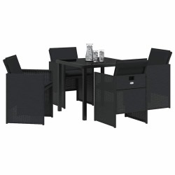Set de salle à manger de jardin 5 pièces avec coussins en poly rotin noir 