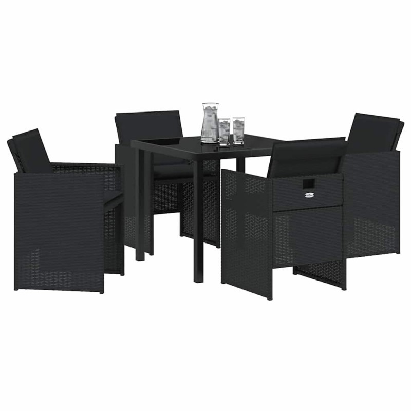 Set de salle à manger de jardin 5 pièces avec coussins en poly rotin noir 