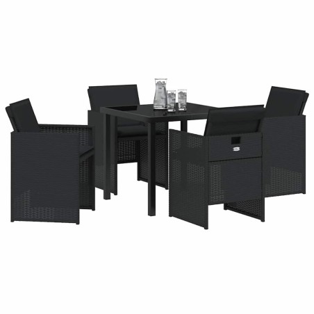 Set de salle à manger de jardin 5 pièces avec coussins en poly rotin noir 