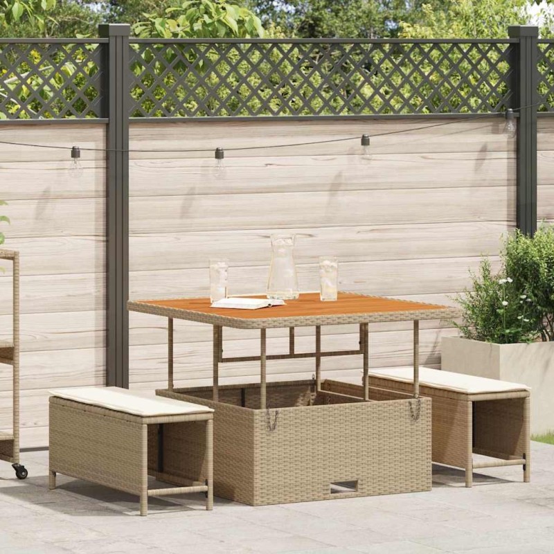 Ensemble de salle à manger de jardin 3 pièces avec coussins beige poly rattan et acacia 