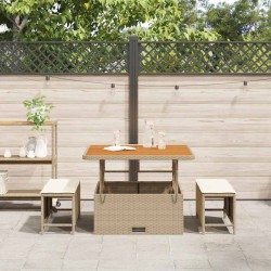 Ensemble de salle à manger de jardin 3 pièces avec coussins beige poly rattan et acacia 
