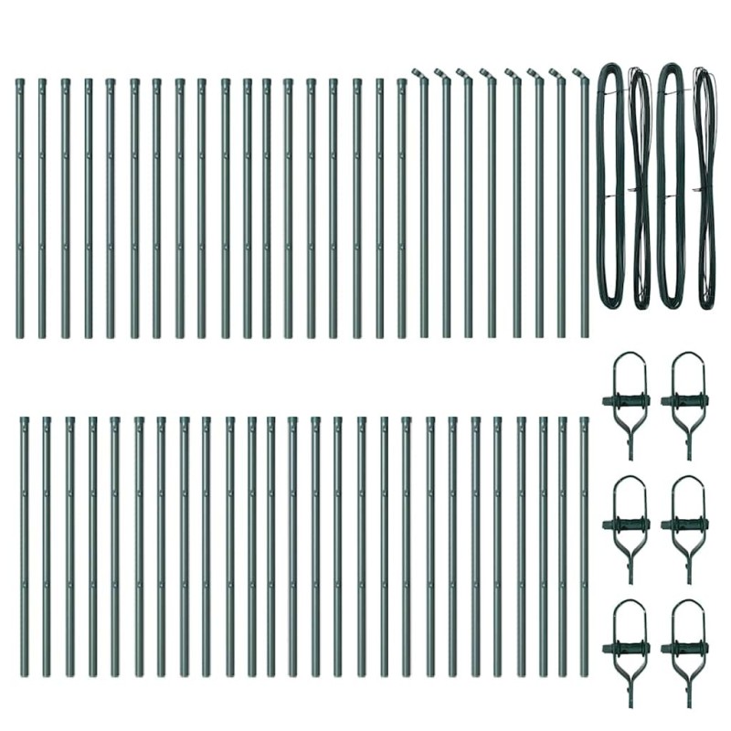 Poteaux de Clôture 52 pcs Verts Ø32 mm 100 cm en Acier Galvanisé 