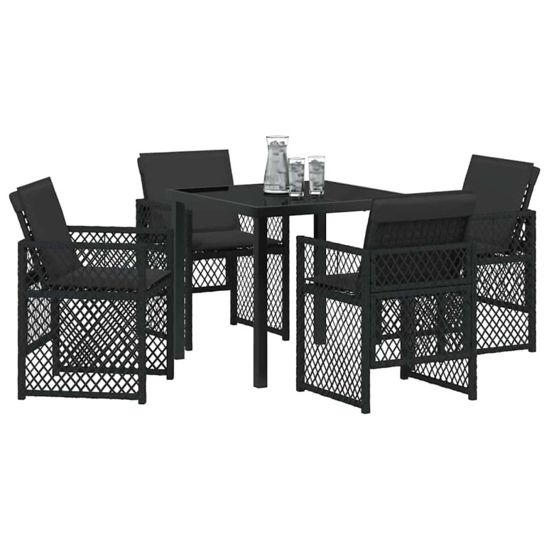 Ensemble de salle à manger de jardin de 5 pièces avec coussins noir en poly rattan 