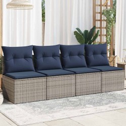 Canapé de jardin avec coussins 4 places en poly rotin gris 
