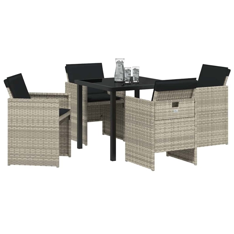 Set de salle à manger de jardin 5 pièces avec des coussins gris clair en poly rotin 