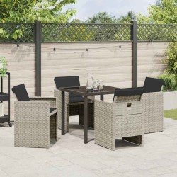 Set de salle à manger de jardin 5 pièces avec des coussins gris clair en poly rotin 