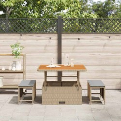 Set de Salle à Manger de Jardin 3 Pièces avec Coussins Beige en Rattan Poly et Acacia 