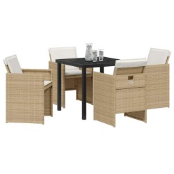 Ensemble de jardin 5 pièces avec coussins beige en poly rotin 