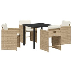 Set de salle à manger de jardin 5 pièces avec coussins beige en poly rattan 