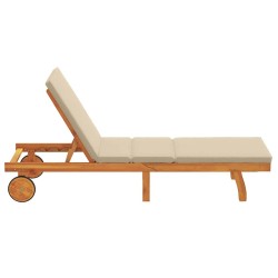 Chaise longue avec des roulettes et un coussin beige en bois massif 