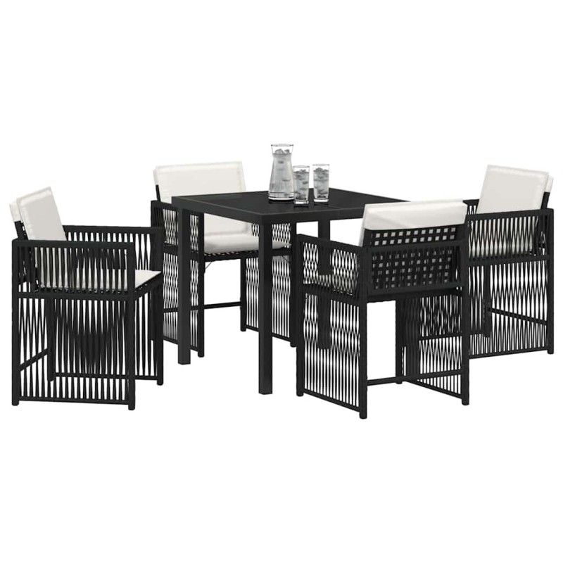 Ensemble de jardin 5 pièces avec des coussins noirs en poly rattan. 