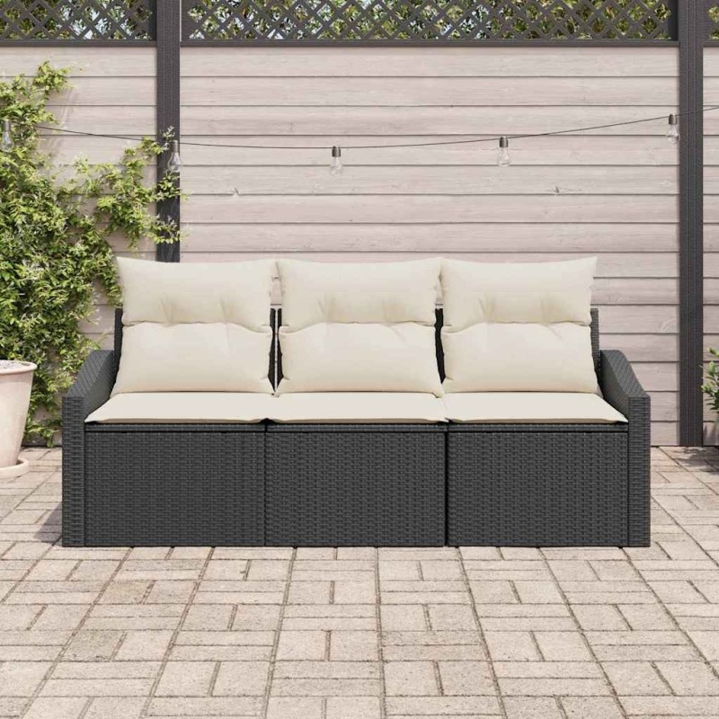 Ensemble de Salle à Manger de Jardin 3 Pièces avec Coussins - Noir, Poly Rattan 
