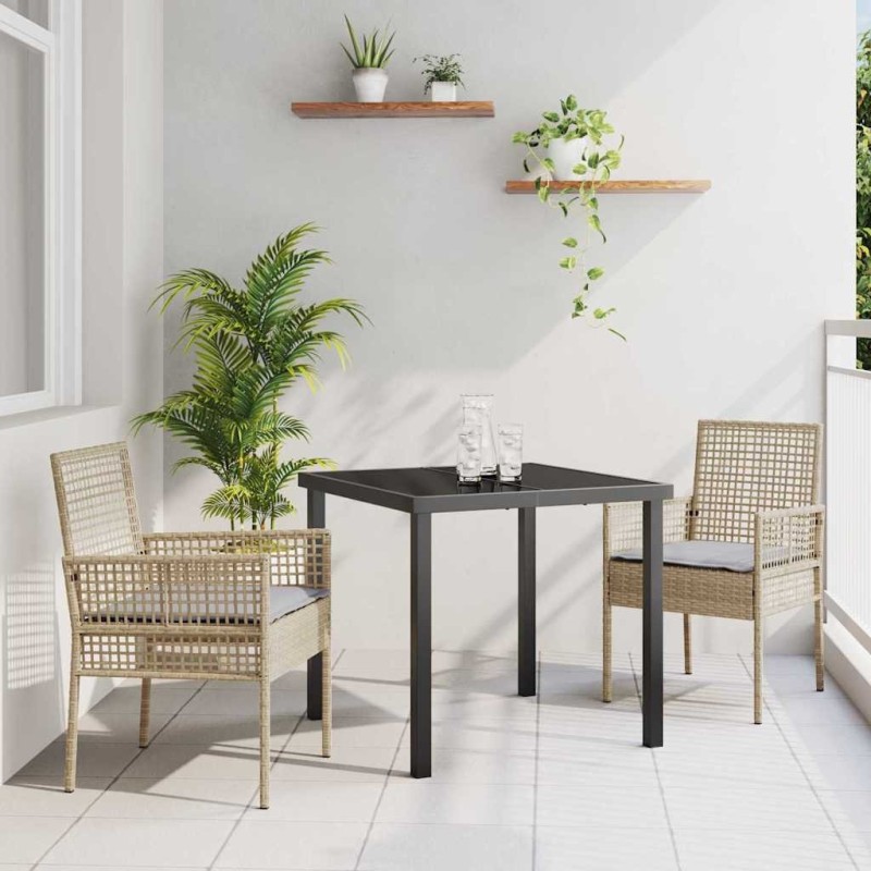 Ensemble de salle à manger de jardin 3 pièces avec coussins en rattan poly beige 