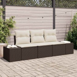 Canapé de jardin 3 pièces en poly rotin marron avec coussins. 
