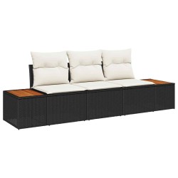 Ensemble de 3 Canapés de Jardin avec Coussins Noir Poly Rattan Acacia 
