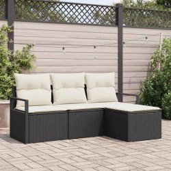 Canapé de jardin 4 pièces avec coussins noirs en rotin synthétique 