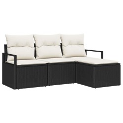 Canapé de jardin 4 pièces avec coussins noirs en rotin synthétique 