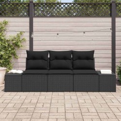 Canapé de jardin 3 pièces avec des coussins en poly rattan noir 