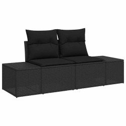 Canapé de jardin 3 pièces avec des coussins en poly rattan noir 
