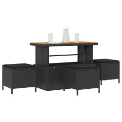 Ensemble de salle à manger de jardin 4 pièces avec coussins noirs en poly rotin et acacia 